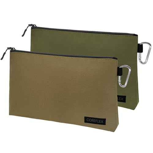 COREFLEX 2 Pack Premium Tool Pouch Zipper Bag with internal pockets, 12inch Tool Bag, Multipurpose Storage pouch, Flat Bottom for stand alone (2 Pack, Tan, Olive)