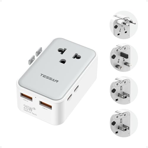 TESSAN Grey Universal Travel Adapter 25W with USB-C & 5-in-1 Power, Ultra Thin