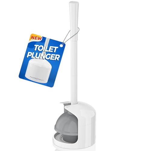 TRENTI White Toilet Plunger with Holder - Heavy Duty 5.3-Inch Drain Cleaner, Foldable Rubber Design, 19.5-Inch Ergonomic Handle, Drip-Free Bathroom Tool - Variation 1