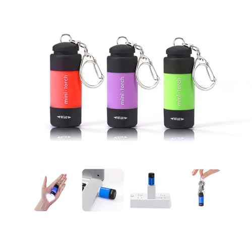 Mini Keychain Flashlights USB Rechargeable, Colorful Small LED Flashlight Torches for Kids/Adult Hiking Camping, Waterproof Pocket Flashlights for Backpack/Belt, (3Packs)