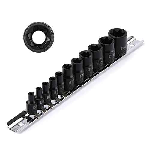 EMENTOL 11PCS E-Torx Socket Set with Rail, CR-V, 1/4" and 3/8" Drive, Female External Torx Star Socket Set, E4 - E20
