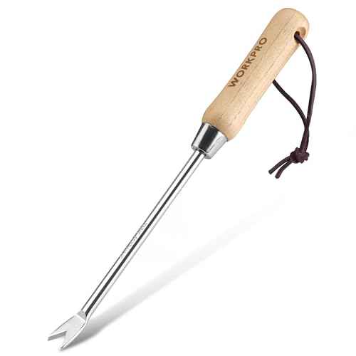 WORKPRO Dandelion Weeder Puller Tool with Wood Handle, Polished Stainless Steel Garden Weed Remover Tool, Two-Pronged Fork Weeder Tool for Lawn Farmland Transplant Gardening Plant Tool