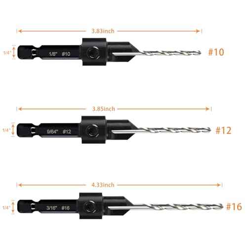 3 Pack Countersink Drill Bit Set #10#12#16, 3in1 Woodworking Counterbore Hole Saw Drill Bits, Depth Adjustable M2 Pilot Drill Bits, 82-Degree Chamfer, 1/4" Hex Shank, with 1 Allen Wrench
