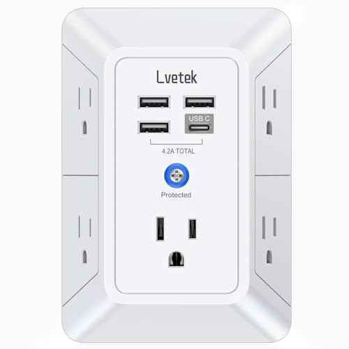 5 Outlet Extender Multi Plug Wall Outlets with 4 USB Charging Ports (1 USB C Outlet), 3 Sided 1680J Surge Protector Power Strip USB Wall Charger for Home, Office, Travel, ETL Listed, White