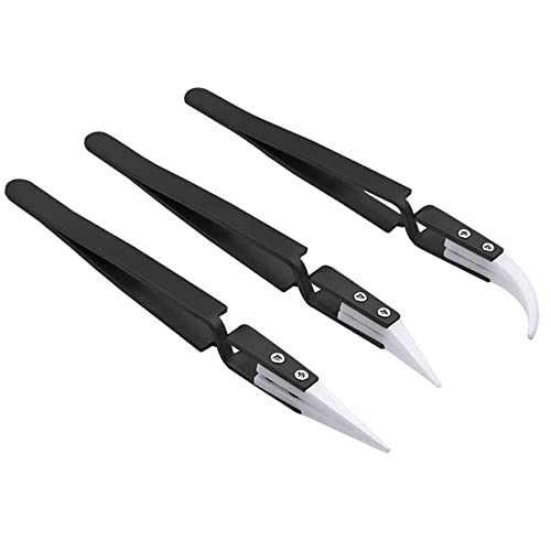 3pcs Stainless Steel Anti-Static Ceramic Solder Tweezers Non-Conductive, Highly Heat Resistant, Anti-Magnetic Straight Curved Tips Precision Tweezers for Electronic Soldering Tool
