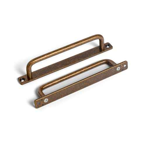 Set of 12, 5" Ceter to Center Sleek Antique Brass Cabinet Pulls - Vintage Minimalist Handles - Kitchen Pulls for Drawers - 5/16 Inches Diameter with Back Plate