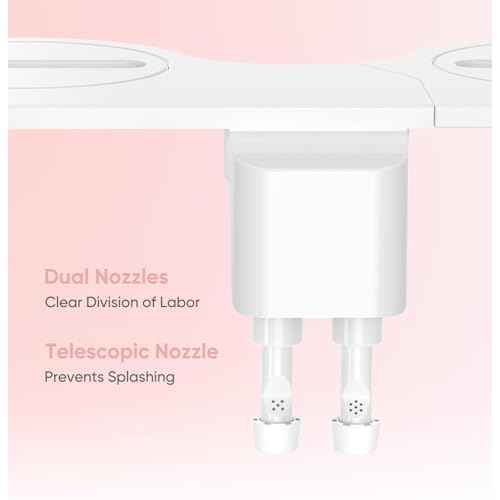 Ultra-Slim Bidet Attachment, Posterior&Feminine Wash-(Retractable Dual Nozzles), Non-Electric Bidet Attachment for Toilet Seat, Adjustable Fresh Cold Water Pressure, Stainless Steel Inlet (White)