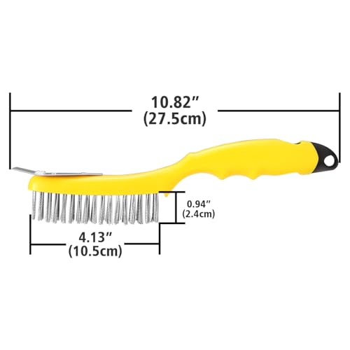10.95" Wire Scratch Brush with Metal Scraper, Long Plastic Handle and 79 Bundles of Stainless Steel Bristles, Heavy Duty for Dust Paint Scrubbing, Dirt Rust or Welding Slag Removal