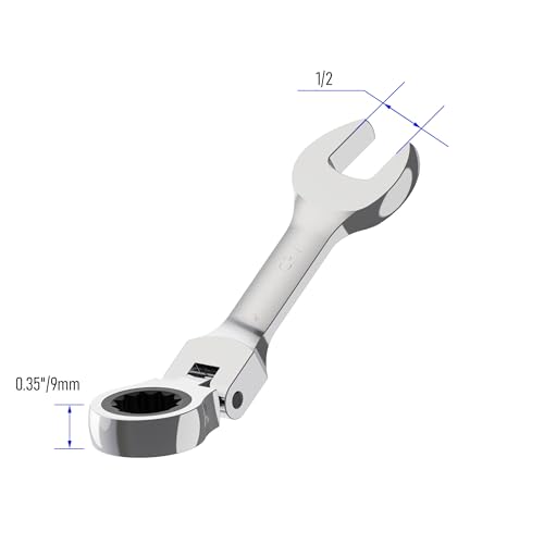 1/2 Inch Anti-slip Stubby Flex-Head Ratcheting Combination Wrench SAE 72 Teeth 12 Point Ratchet Box Ended and Open End Spanner Tools, Flexible Head Gear Wrench, Heat-Treated CR-V