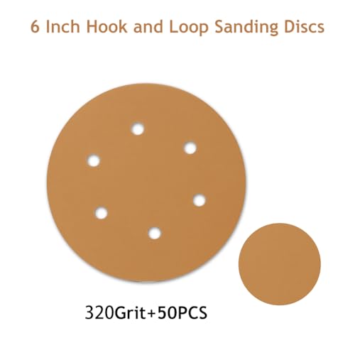 50 PCS 6 Inch Sanding Discs Hook and Loop 320 Grit, 6 Hole Sand Paper Disc for Random Orbital Sander, Gold Random Orbital Sandpaper Pads