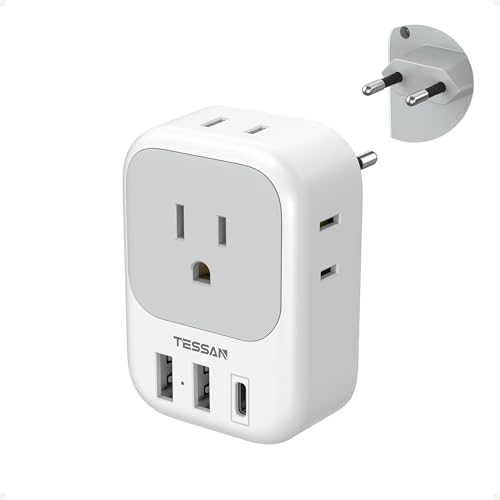 TESSAN Type C European Travel Plug Adapter with USB-C & USB A Ports - White Gray