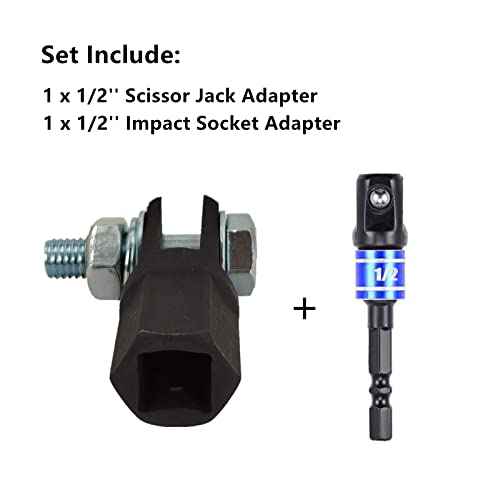 1/2" Scissor Jack Adapter for Use with 1/2 Inch Drive/Impact Drills/Ratchet or Standard Drive Sockets or 13/16 Inch Lug Wrench/Tire Iron or Socket/Easy Lifting (2Pcs Set Black)