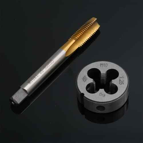 Biaungdo M10 x 1.25mm Tap and M10 x 1.25mm Die Metric Right Hand Thread Titanium Coated Tap and Die Set, HSS Right Hand Thread Tap and Die Set