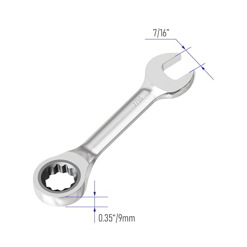 7/16 Inch Anti-slip Stubby Ratcheting Combination Wrench SAE 72 Teeth 12 Point Ratchet Box Ended and Open End Spanner Tools for Tight Space, Heat-Treated CR-V