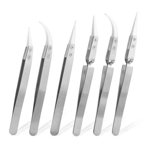 6 Pcs Precision Ceramic Reverse Solder Tweezers Non-Conductive Heat Resistant Tweezer for Crafting Anti-Magnetic Pointed and Curved Tip Tweezer for Soldering Jewelry Pinching Coils While Firing Silver