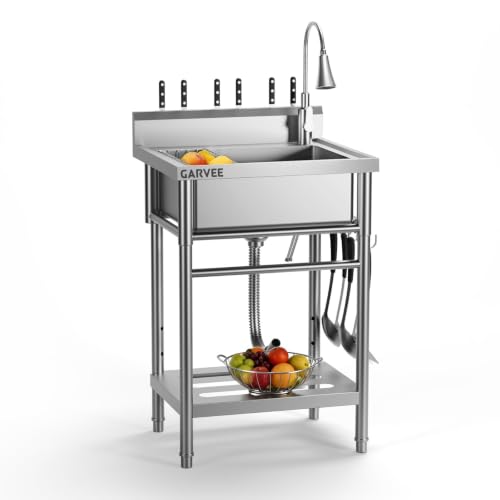 GARVEETECH 22x20x39 Inch Stainless Steel Deep Single Bowl Sink with Rotating Faucet & Adjustable Rack