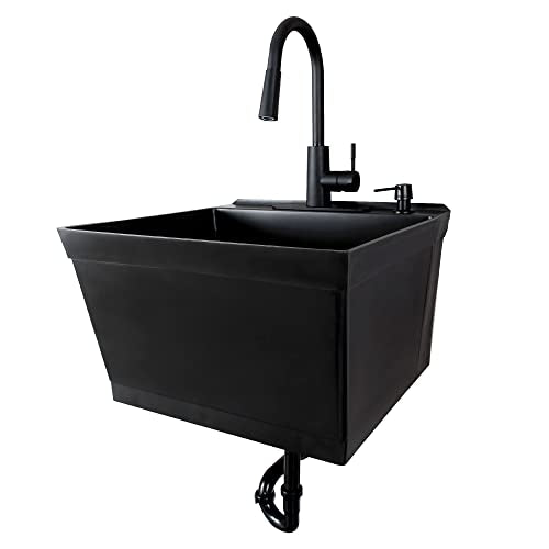 Black Wall-Mounted Utility Sink Kit with Faucet - Space-Saving Laundry & Workshop Tub