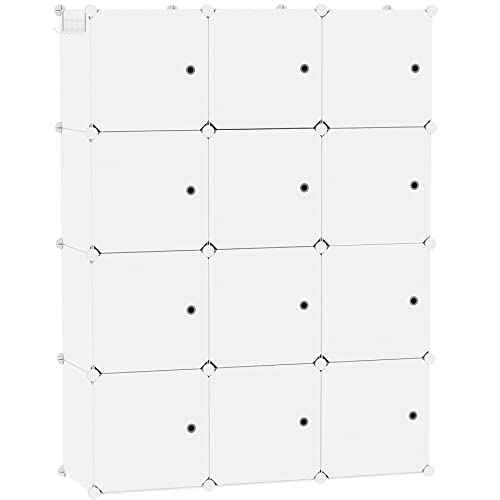 C&AHOME Cube Storage Organizer with Doors, 12-Cube Shelves, Closet Cabinet, DIY Plastic Modular Bookshelf Ideal for Bedroom, Living Room, 36.6¡±L x 12.4¡±W x 48.4¡±H Milky USHS3012M-DOOR