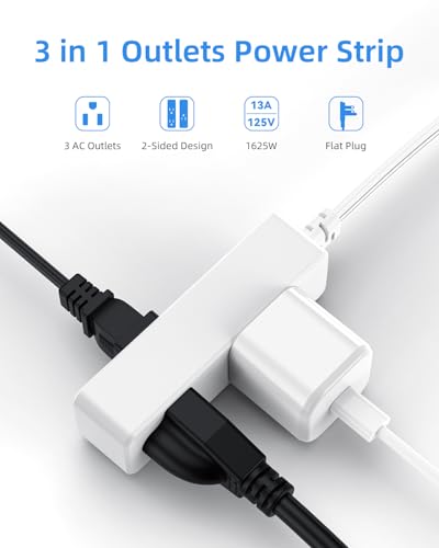 LitStar White 6 Ft Flat Plug Extension Cord with 3 Outlets - Indoor Power Strip