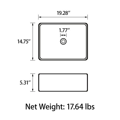 Sinber BVS1915A-OL 19" x 15" x 5.31" White Rectangular Ceramic Countertop Bathroom Vanity Vessel Sink