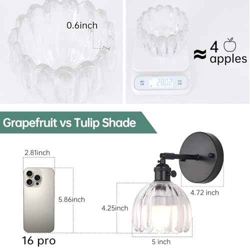 Vintage Battery Operated Wall Sconce with Cute Transparent Tulip Glass Lampshade Wireless Rechargeable Battery Powered Black Wall Light with Remote Control for Bedside Bedroom Doorway
