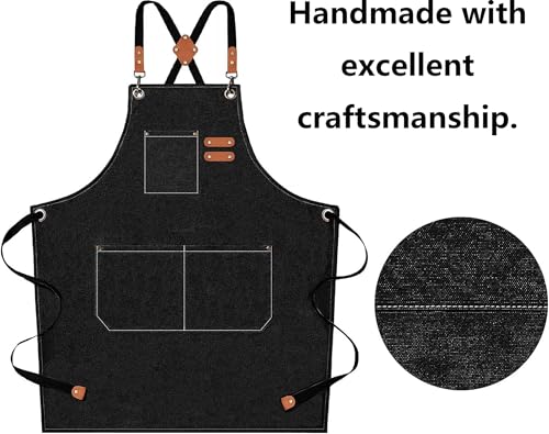 AFUN Black Cotton Chef Apron with Oversized Pockets, Heavy Duty Cross Back Design