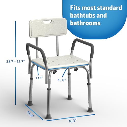 Medline Grey Padded Shower Chair with Backrest & Armrests - 350 lb Capacity, Adjustable Legs, Senior & Disabled Bath Seat