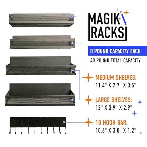Magik Racks Magnetic Shelves - Ideal Spice Rack & Home Storage Organizer for Kitchen, Entry Way and Laundry Room - 4 Magnetic Shelves + 1 Hook Bar (3.94" x 12.2" x 3.15")