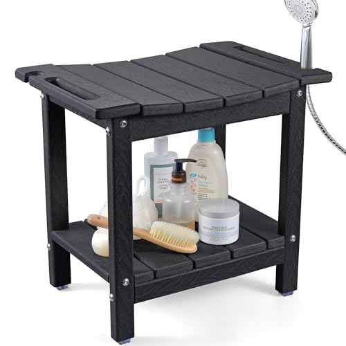 LyriFine Shower Bench - HDPE Waterproof Shower Bench for Inside Shower, 18.7" Shower Stool with Shower Head Holder, 350lbs Shower Seat with Storage Shelf, Shower Chair for Bathroom Indoor Outdoor Use