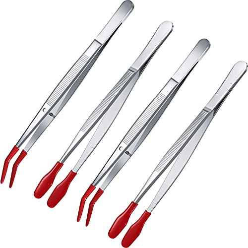 Honoson 4 Pieces Rubber Tipped Tweezers PVC Silicone Tip Tweezers Coated Flat and Bent Forceps for Lab Industrial Jewelry Craft Coin Stamp Tongs(Red)