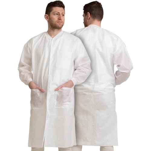 Pack of 10 Disposable Lab Coats - White - With 3 Pockets and Soft Knit Cuffs & Collar | SMS Unisex Knee Length Medical Lab Jacket, For Hospitals, Pharmacies, Labs, Dental Clinics, Painting - Medium