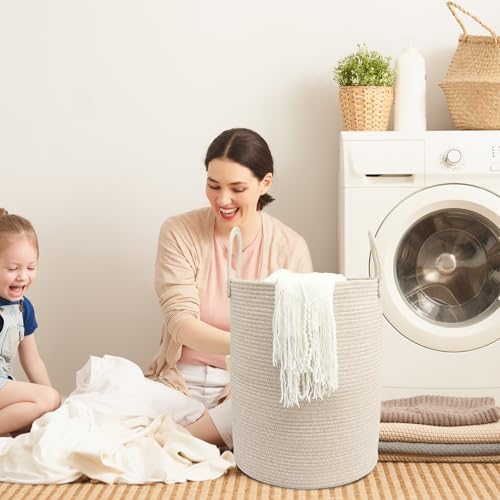 JUNBOLE Oatmeal Woven Cotton Rope Laundry Basket 15" x 20" Laundry Hamper (Regular)