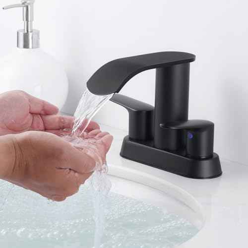 Waterfall Bathroom Faucet 4 Inch Centerset ? WOWOW 2 Handle Matte Black Sink Faucet for 2 or 3 Hole Vanity, Modern Stainless Steel Zinc Alloy with Pop Up Drain and cUPC Hose for Basin