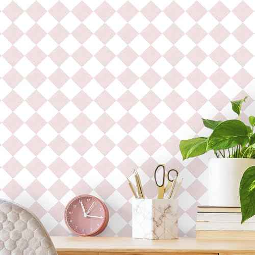 Safiyya Pink Wallpaper Geometric Checkered Peel and Stick Wallpaper Self Adhesive Removable Contact Paper Pink Check Wall Paper for Bedroom Nursery Room Cabinet 78.7"x 17.3"