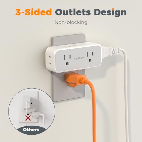 TESSAN Grey USB-C Wall Outlet Extender with 7 Outlets and Dual USB Ports