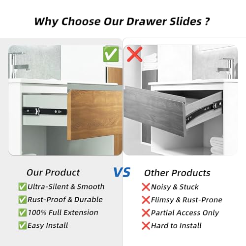 VAGUDE Black 12-Inch Full Extension Drawer Slides Pair | Side Mount Ball Bearing Kitchen Cabinet Rails