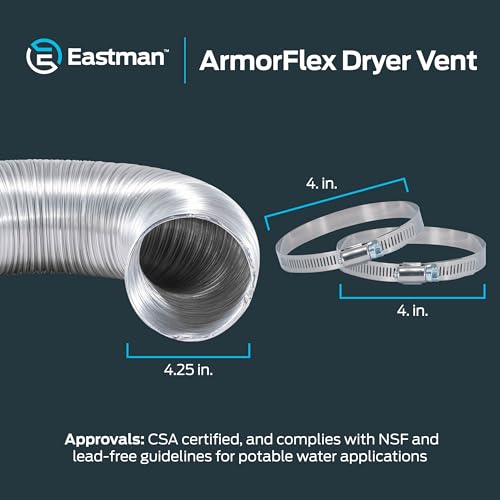 Eastman ArmorFlex 8 ft Dryer Vent, Semi-Rigid Aluminum Duct with Clamps - 69028