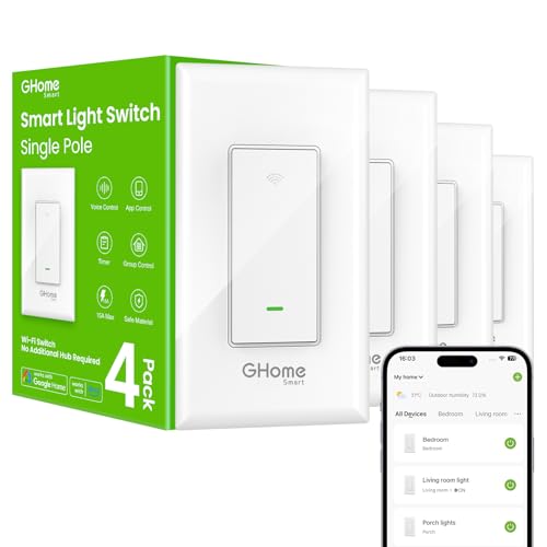 GHome Smart Single Pole WiFi Light Switch 4 Pack - Alexa & Google Compatible