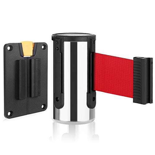 Wall Mounted Retractable Belt Barrier, Stainless Steel Rope Safety barriers with 6.5ft red Belt, Barking System Supported