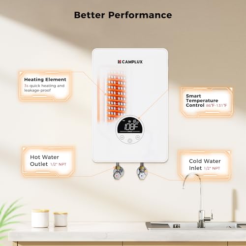 Camplux 4.5kW Electric Tankless Water Heater for Under Sink, Point-of-Use, Wall-Mounted, Digital Display