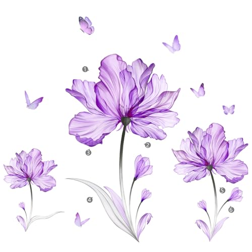 Purple Flower Butterfly Wall Stickers Removable Peel and Stick Murals Wall Decals for Living Room Bedroom Door Aisle Sofa TV Backdrop Wall Home Decor(Purple Flowers)