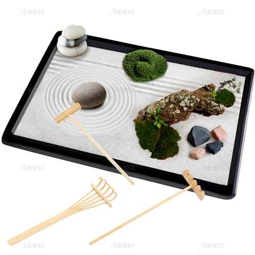 AUEAR, Set of 3 Mini Zen Sand Rakes Bamboo Rock Garden Tray Rake Tools for Home Office Table