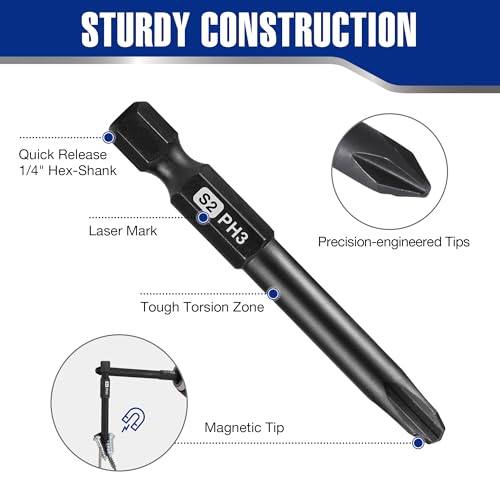 WORKPRO 10pcs Slotted Phillips Screwdriver Bit Set, CNC Machined S2 Steel Magnetic Screwdriver Bits Set, 1/4 Inch Hex Shank Driver Bits, 2.3 Inch Long Screwdriver Bits Set with Storage Box