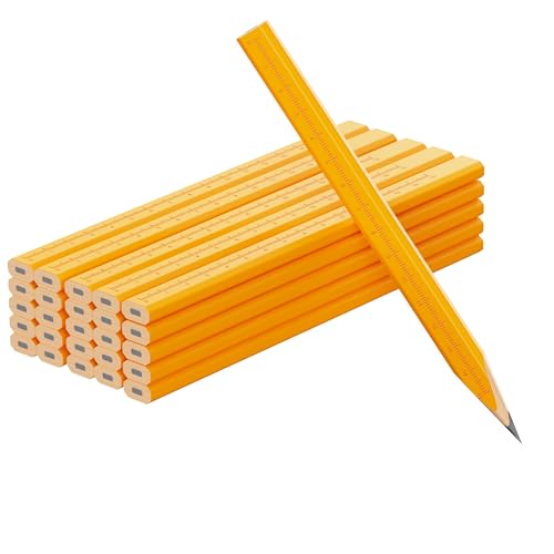 Ropro 25 Pack Flat Carpenter Pencils with 15cm Ruler — HB Graphite, Yellow, Octagonal