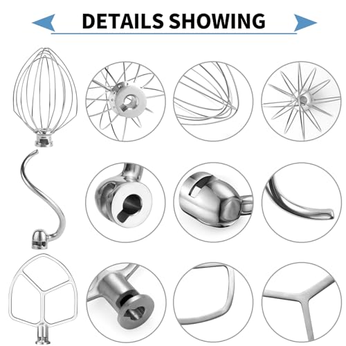 Stainless Steel 3-Piece KitchenAid Mixer Attachment Set with Whisk, Dough Hook & Flat Beater (Fits 5 Plus/6 Qt)