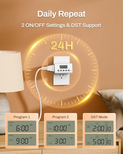 BN-LINK Indoor 24H Programmable Digital Timer Outlet 2-Pack, 2-Prong, Slim Design