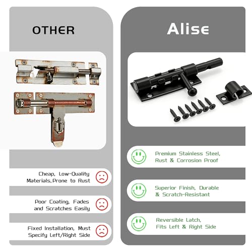 Alise 4 Inch Black Sliding Door Lock - Heavy Duty Stainless Steel Security Latch
