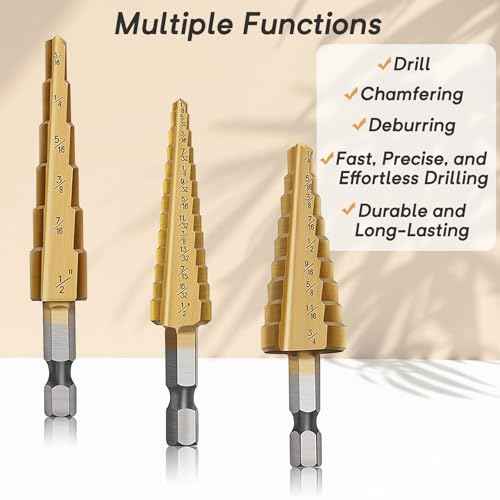 Step Drill Bit Set, Step Bits for DIY Projects and Professionals ? Titanium-Coated High-Speed Steel Step Drill Bits for Wood, Metal, and Plastic (3 Pcs)
