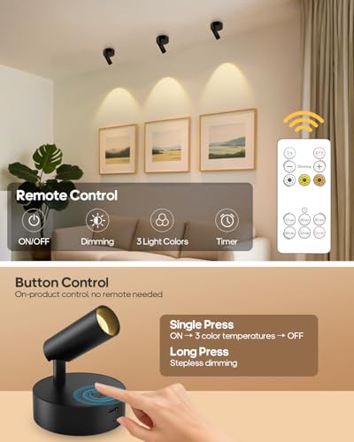 GOODEA Black Rechargeable Indoor Spotlights with Remote, 3000mAh, 3 Color Temperatures