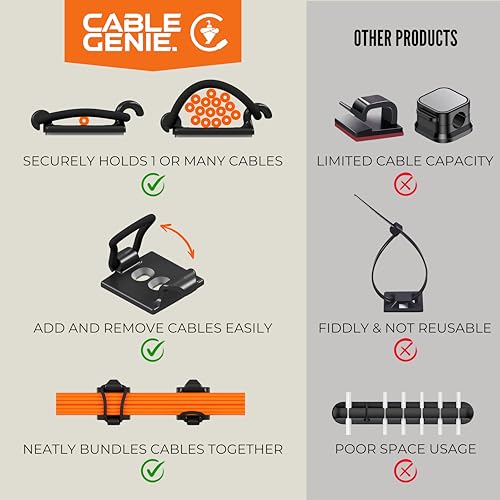 CableGenie Black 10-Pack Adjustable Elastic Cable Clips for Wire Management